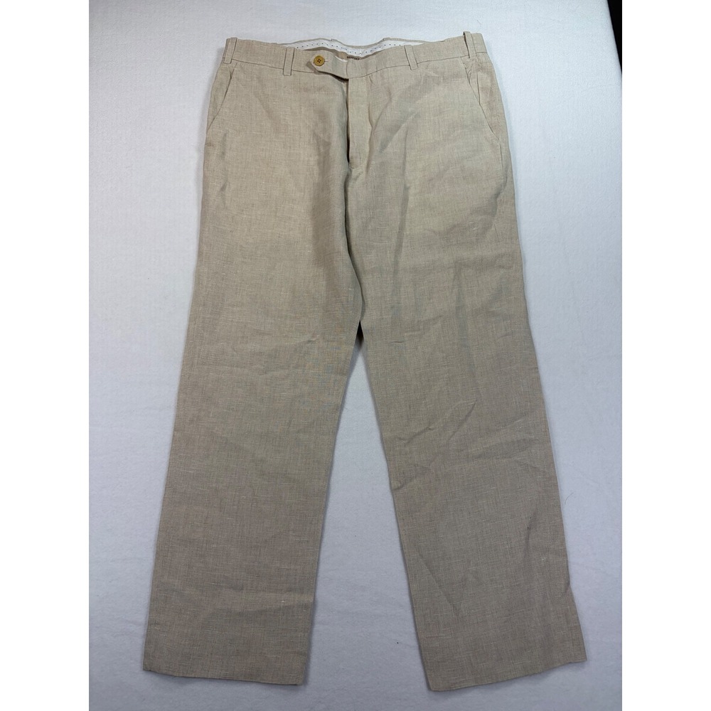 StudioSuits Hand Crafted Bespoke Linen Trousers Mens 34R Beige Straight Leg
